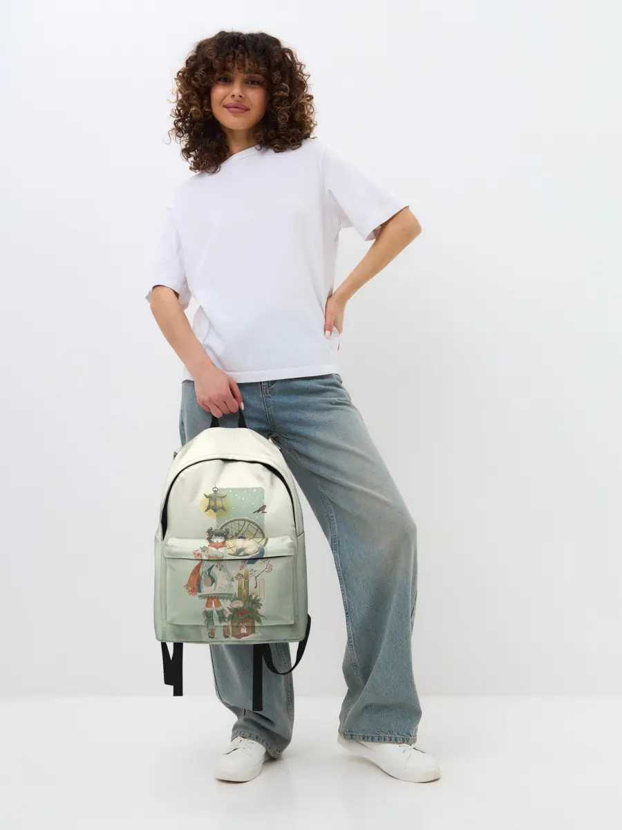 Рюкзак джинсовый / девушка кимоно зима Япония кот