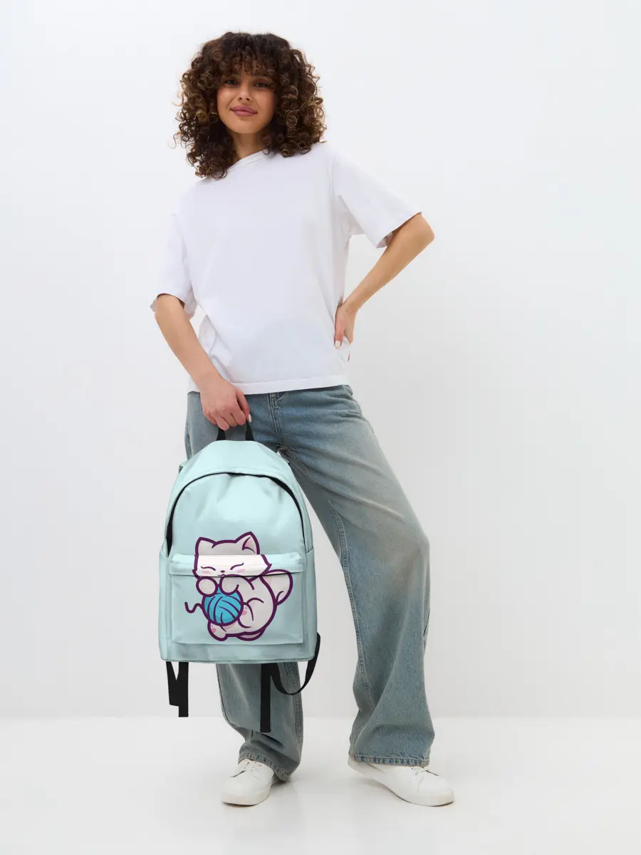 Рюкзак джинсовый / Белый котенок с клубком милый