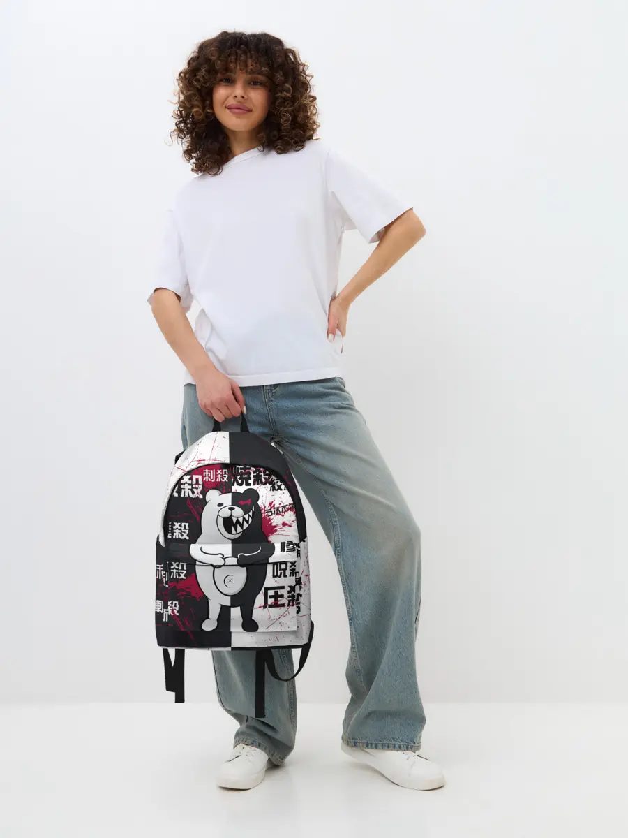 Рюкзак джинсовый / monokuma с пупком и иероглифами