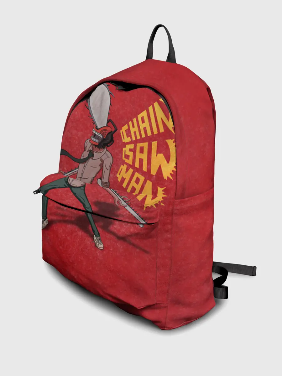 Рюкзак джинсовый / Человек Бензопила на красном фоне