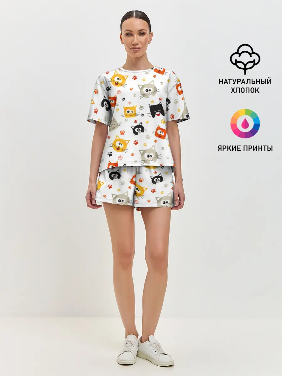 Женская пижама с шортами / Котики с лапками