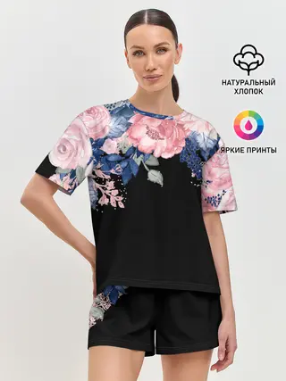 Женская пижама с шортами / цветы на черном