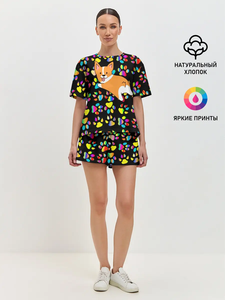 Женская пижама с шортами / Корги | Цветные лапки