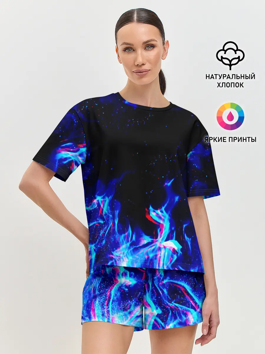 Женская пижама с шортами / СИНИЙ ОГОНЬ ГЛИТЧ | BLUE FIRE GLITCH