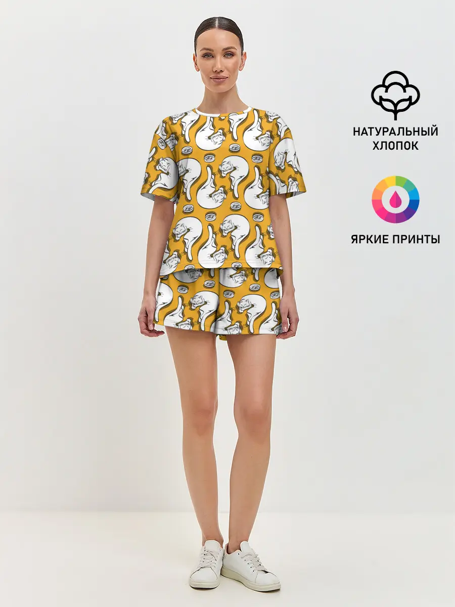 Женская пижама с шортами / Белая кошка и корм