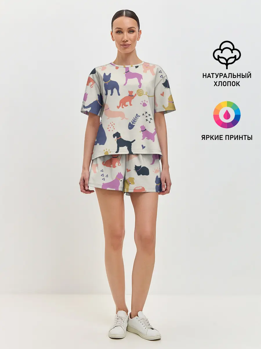 Женская пижама с шортами / Домашние животные паттерн | Pets pattern