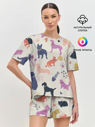 Женская пижама с шортами / Домашние животные паттерн | Pets pattern