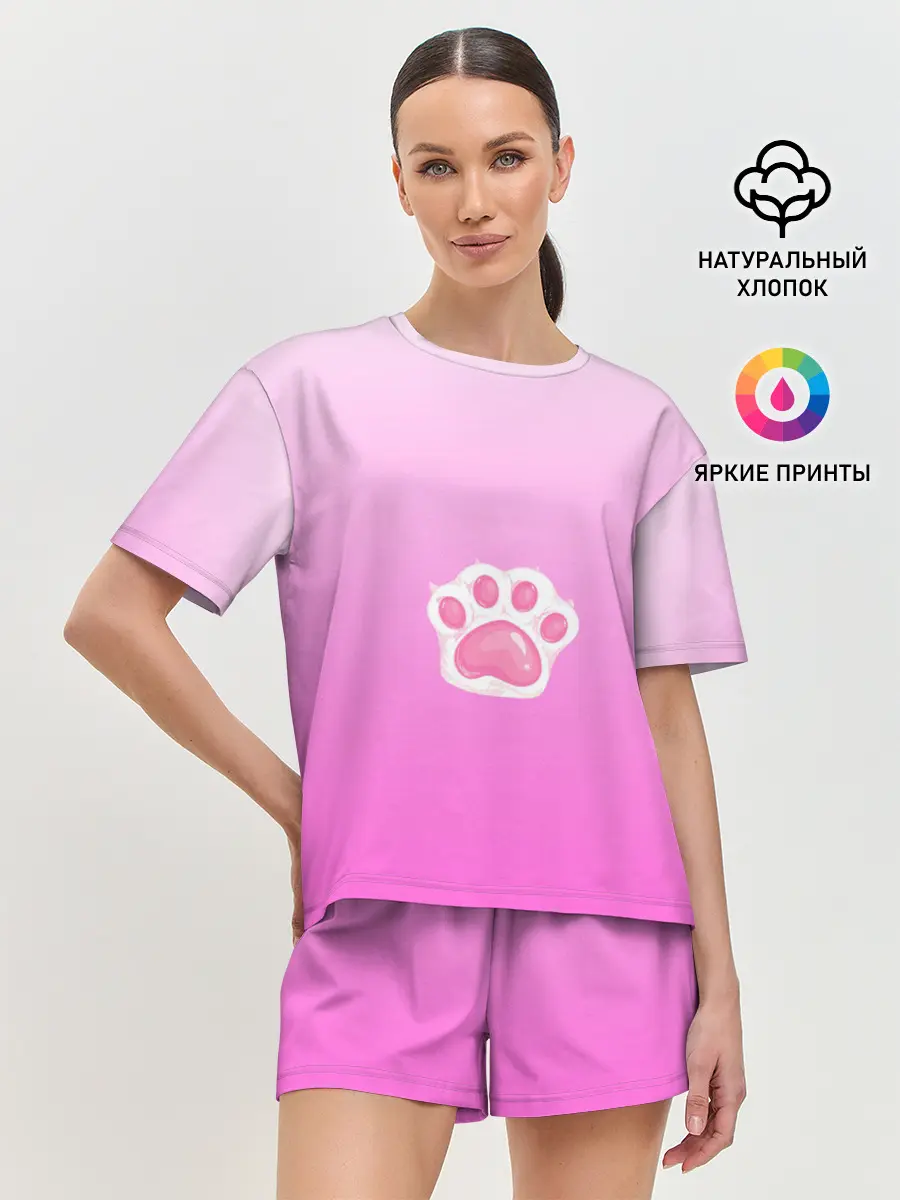 Женская пижама с шортами / Розовая лапка с подушечками