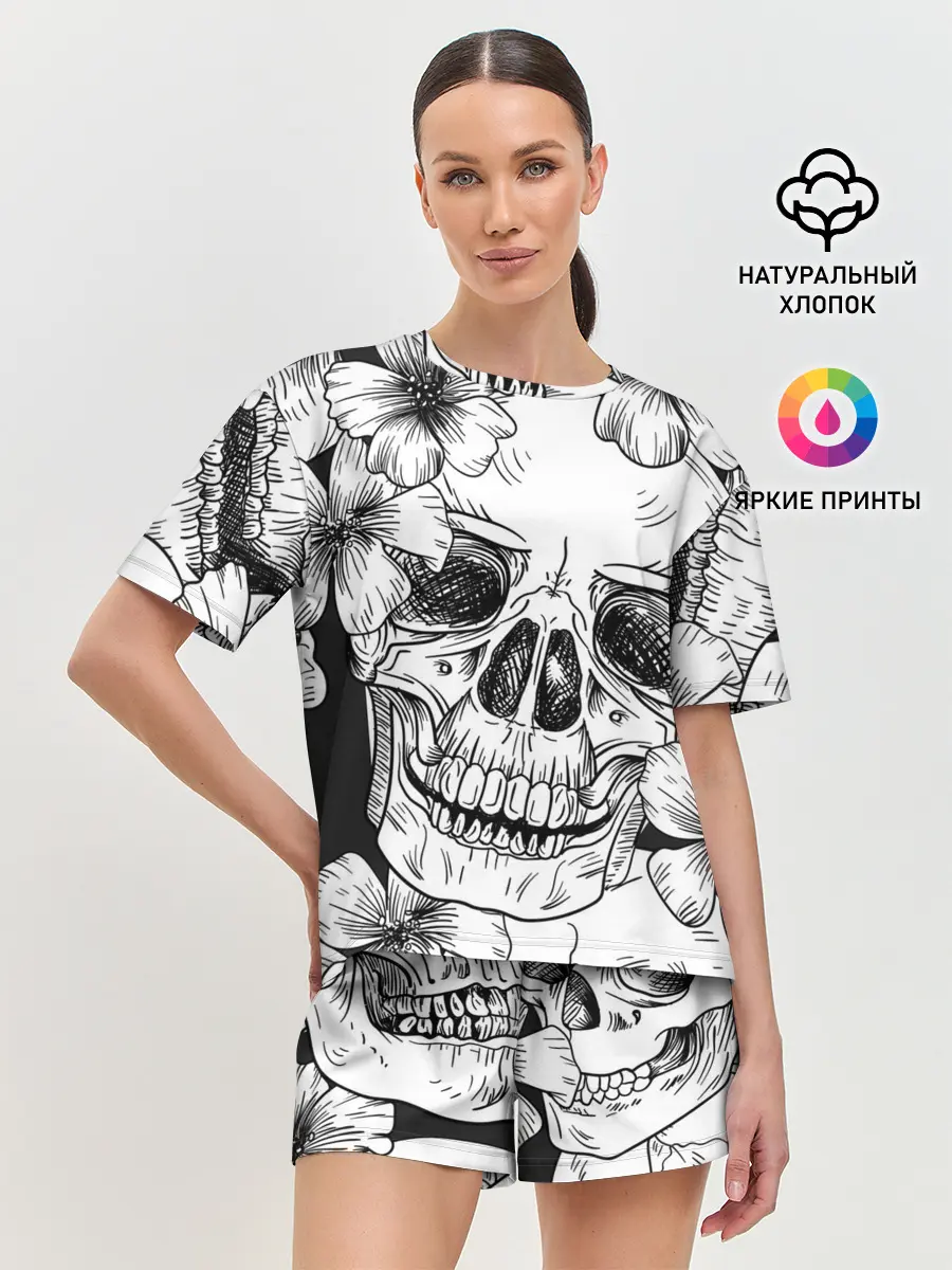 Женская пижама с шортами / Цветочный череп