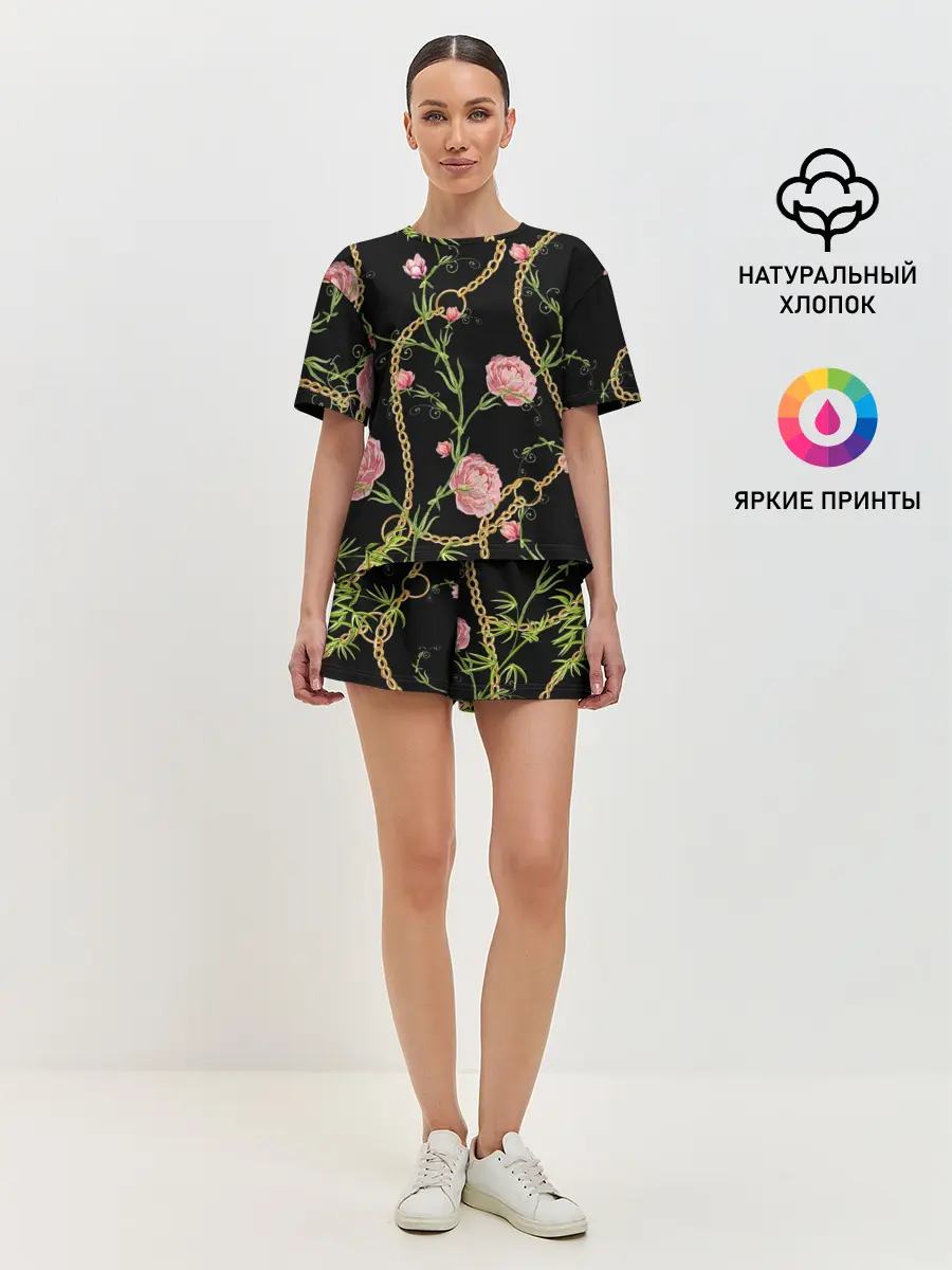 Женская пижама с шортами / Золотая цепь и розы