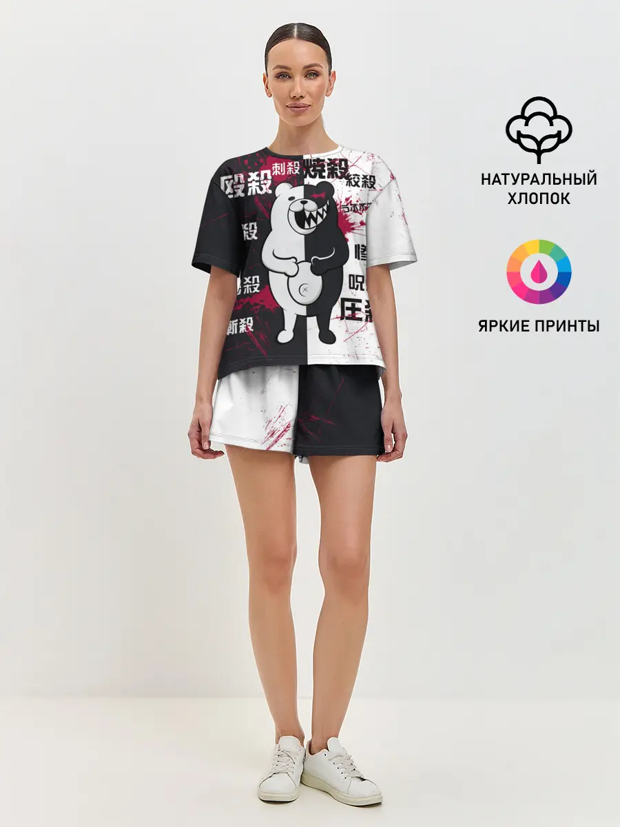 Женская пижама с шортами / monokuma с пупком и иероглифами