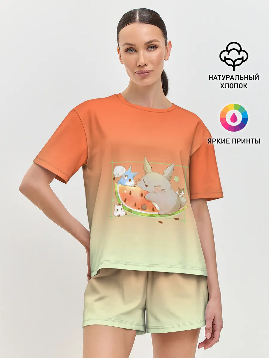 Женская пижама с шортами / Семейство Тоторо ест арбуз