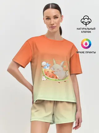 Женская пижама с шортами / Семейство Тоторо ест арбуз