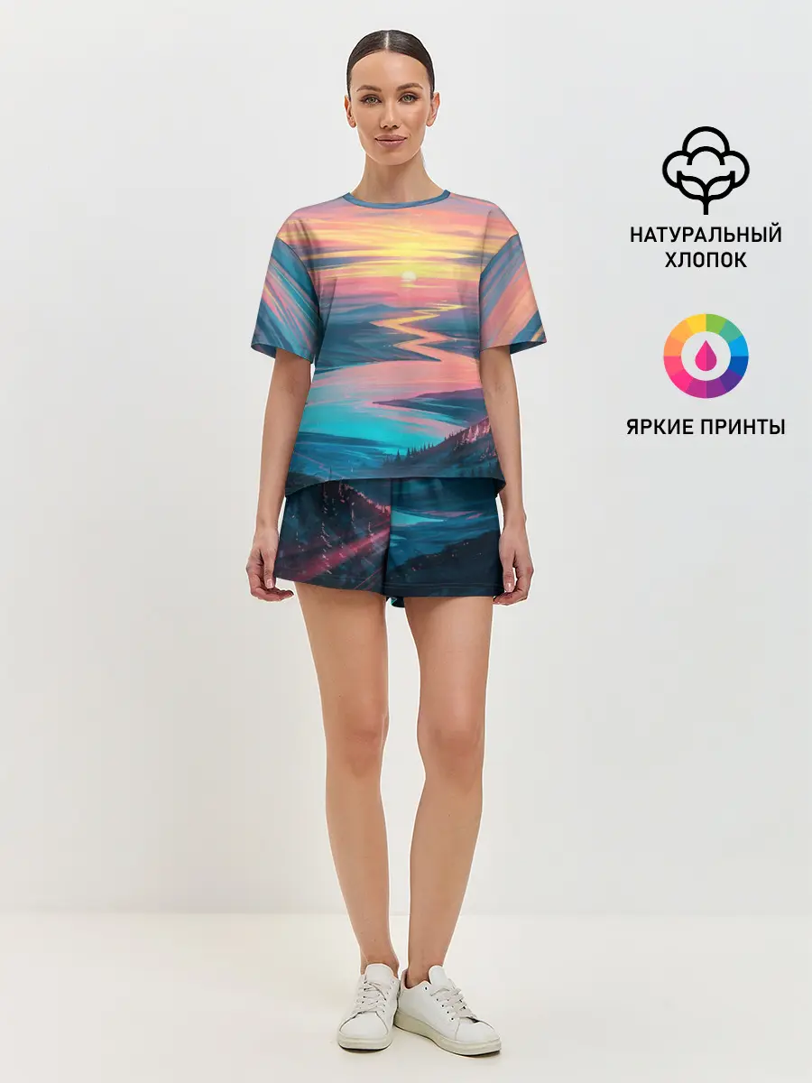 Женская пижама с шортами / Извилистая река закат природа