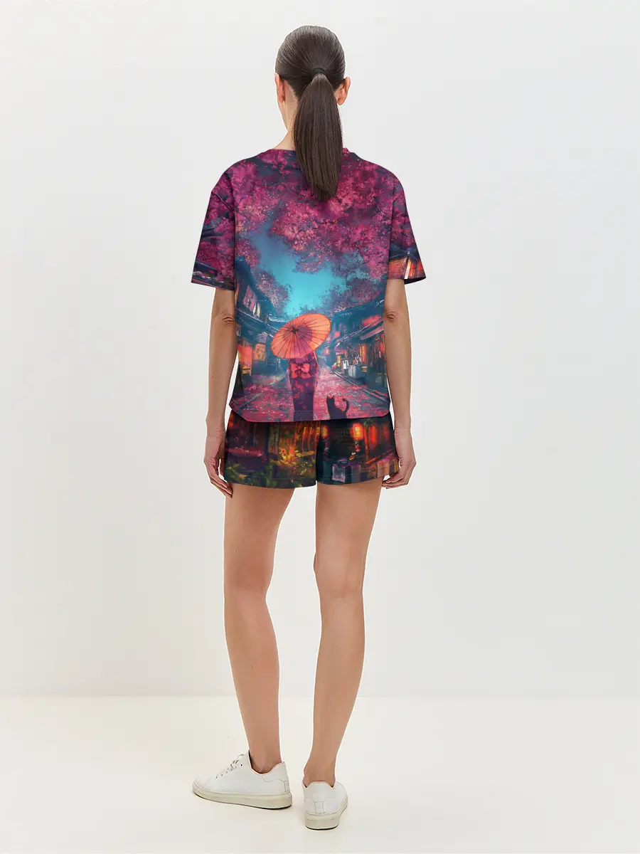 Женская пижама с шортами / Фестиваль сакуры кот и гейша