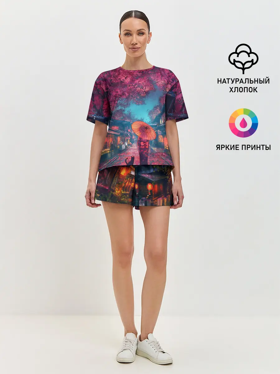 Женская пижама с шортами / Фестиваль сакуры кот и гейша