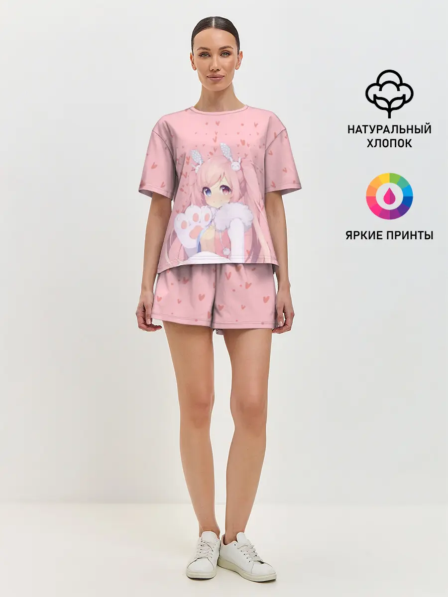 Женская пижама с шортами / Catgirl pink