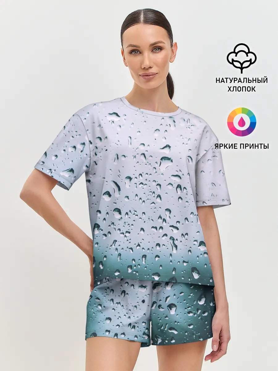 Женская пижама с шортами / Капли окно стекло дождь серо