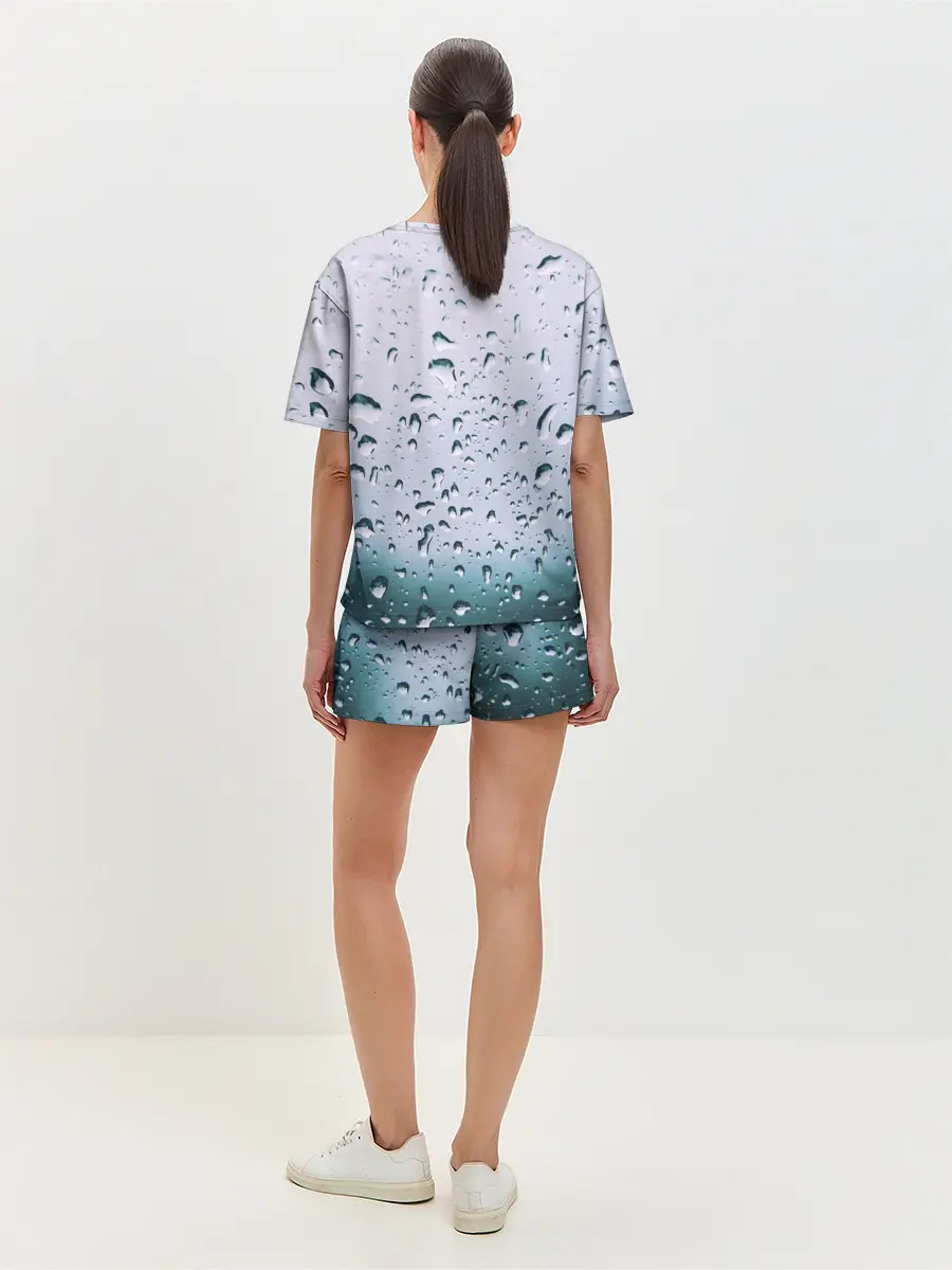 Женская пижама с шортами / Капли окно стекло дождь серо