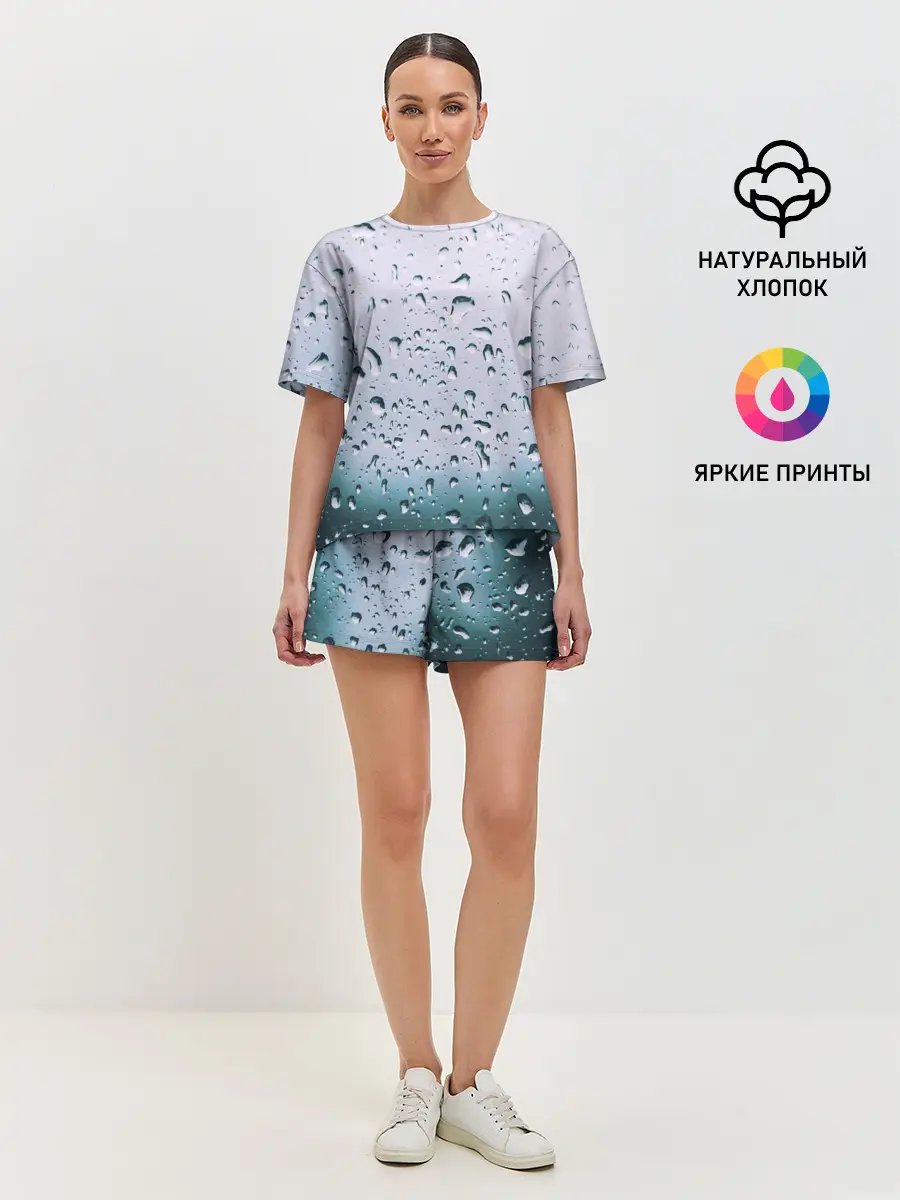 Женская пижама с шортами / Капли окно стекло дождь серо