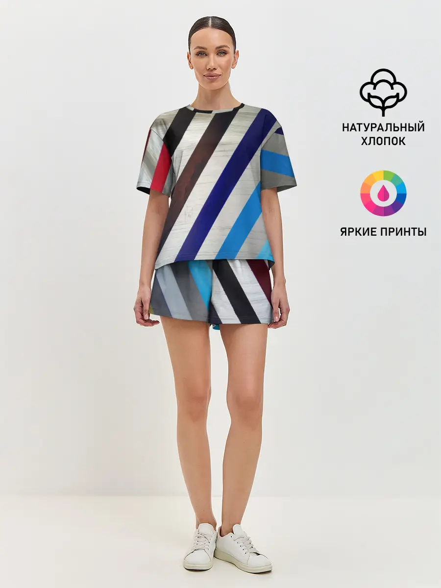 Женская пижама с шортами / Косые линии полосы крупные