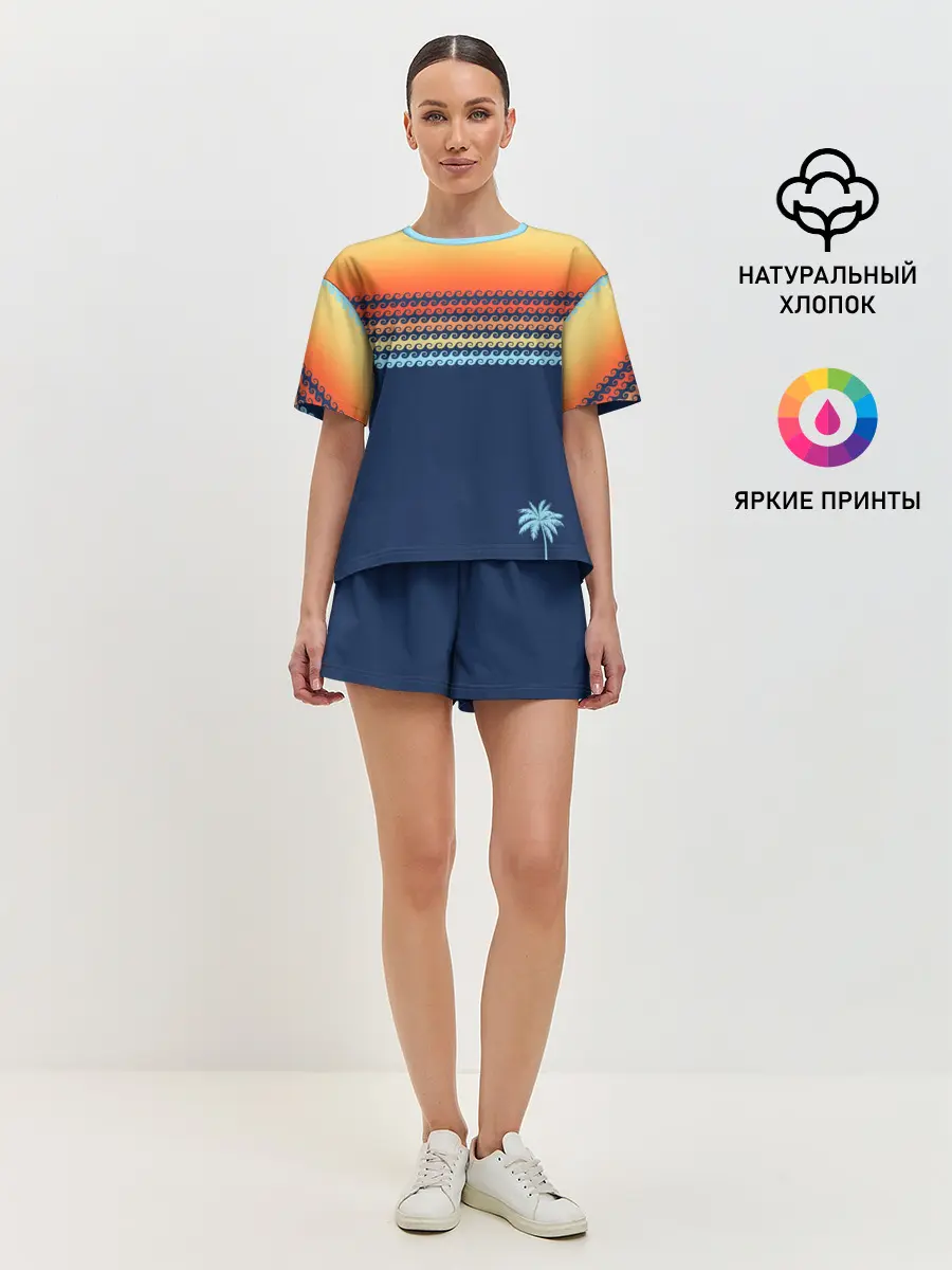 Женская пижама с шортами / Летние волны и пальма
