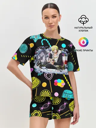 Женская пижама с шортами / Винсмок Санджи. Фон со сладостями