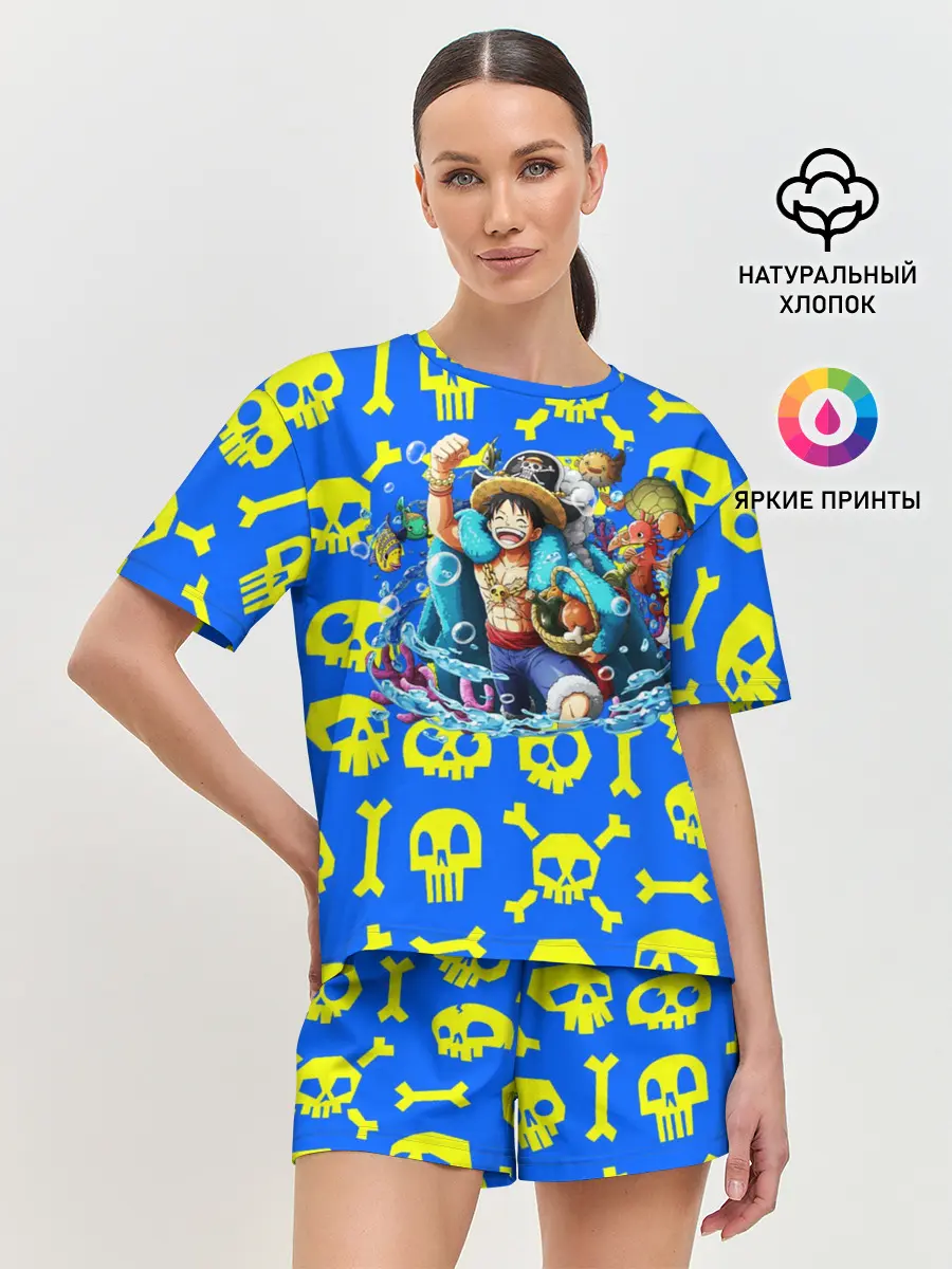 Женская пижама с шортами / Веселый Монки. Синий фон череп и кости