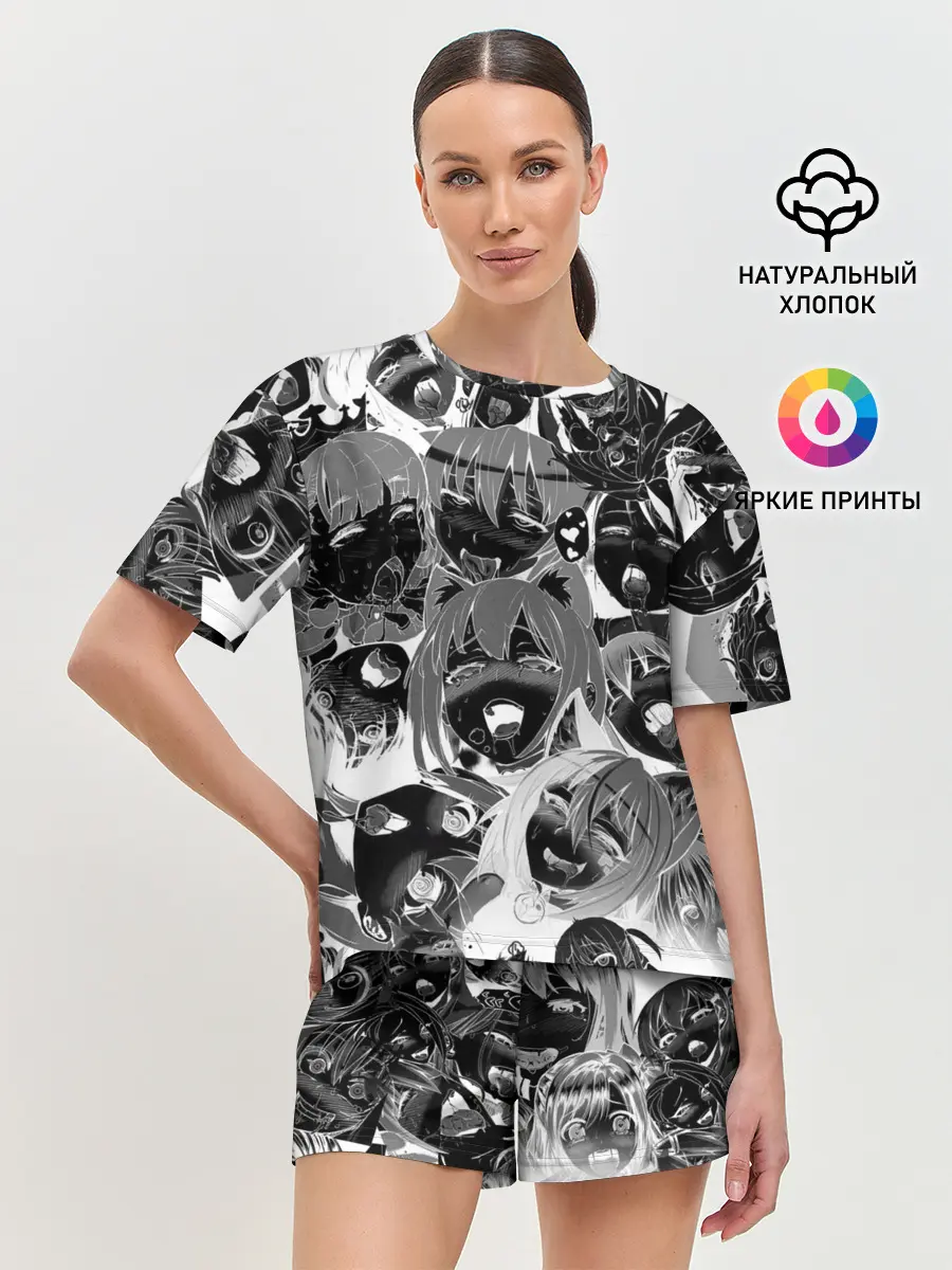 Женская пижама с шортами / Ахегао паттерн черный