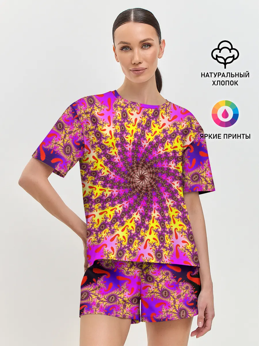 Женская пижама с шортами / НЕОНОВЫЙ РОЗОВЫЙ ФРАКТАЛ