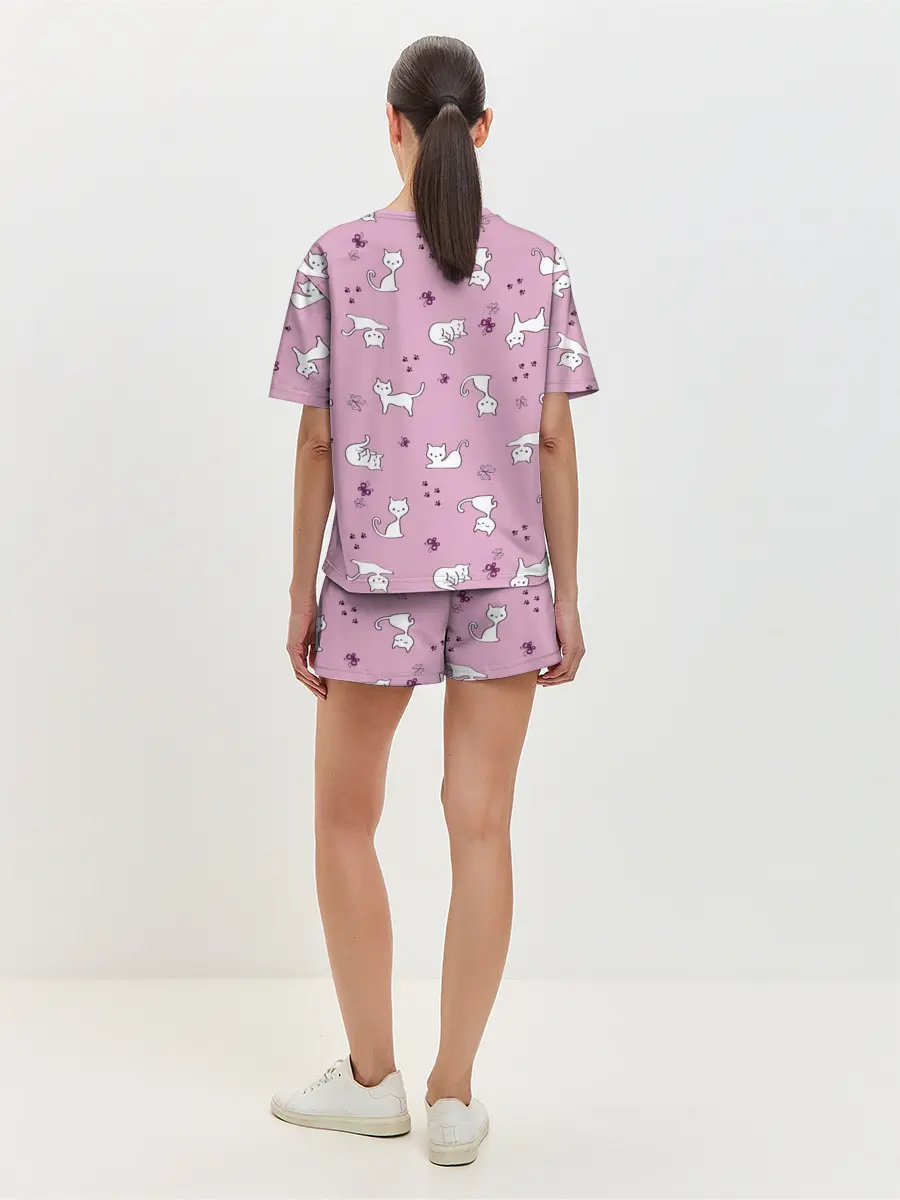 Женская пижама с шортами / Белая кошка