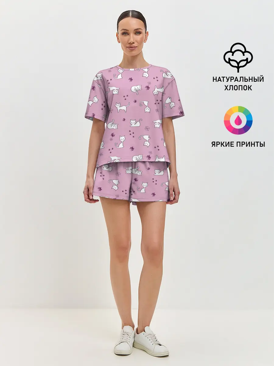Женская пижама с шортами / Белая кошка