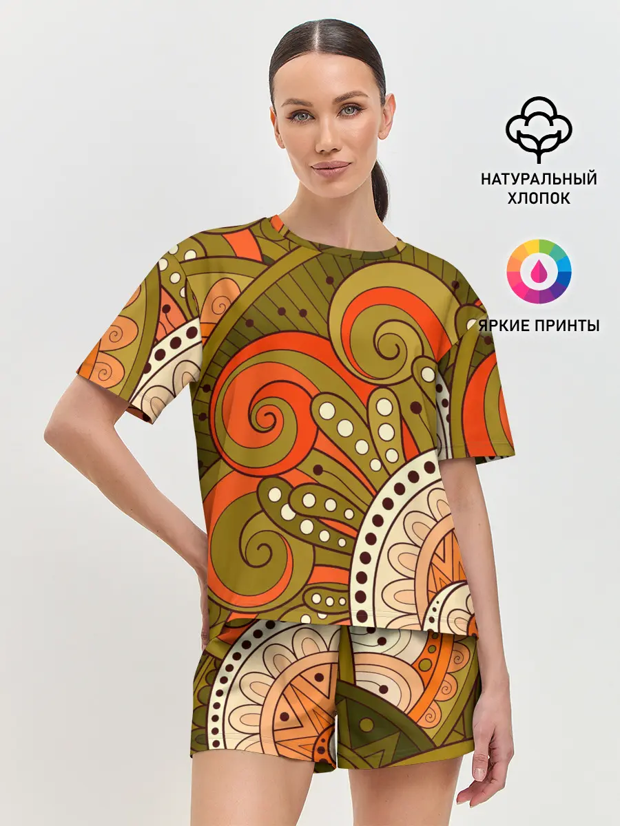 Женская пижама с шортами / Детский оранжево-болотный