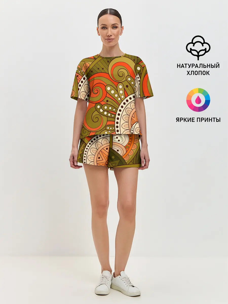 Женская пижама с шортами / Детский оранжево-болотный