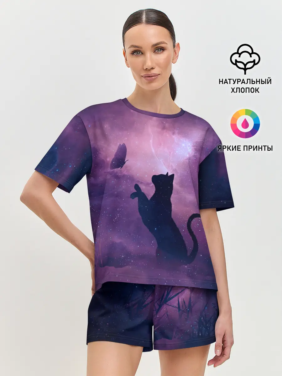 Женская пижама с шортами / Бабочка кот силуэт фиолетовый