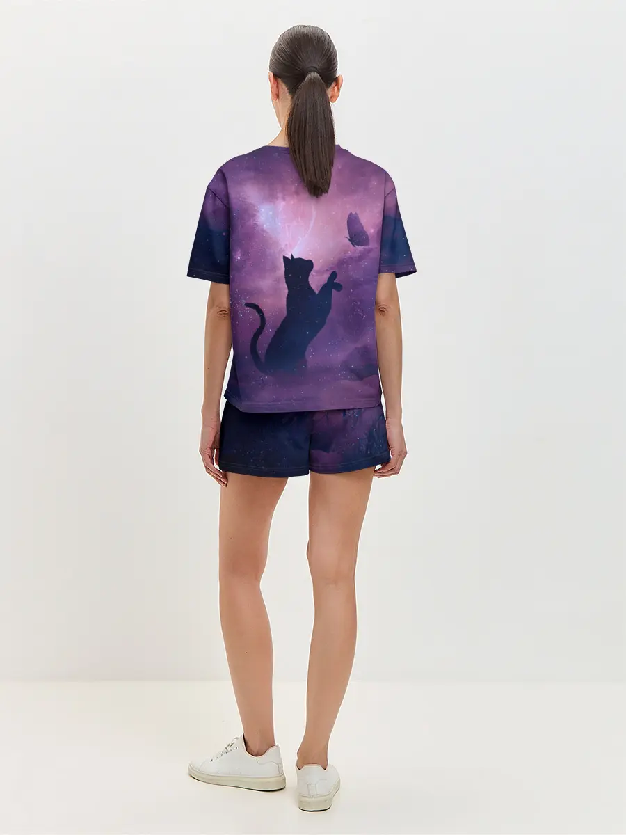 Женская пижама с шортами / Бабочка кот силуэт фиолетовый
