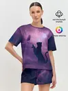 Женская пижама с шортами / Бабочка кот силуэт фиолетовый