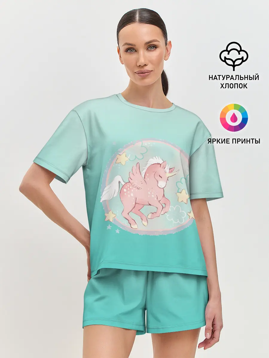 Женская пижама с шортами / розовый единорог в небесах