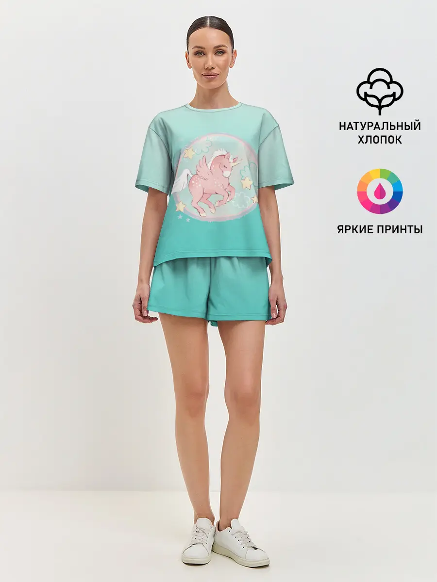 Женская пижама с шортами / розовый единорог в небесах
