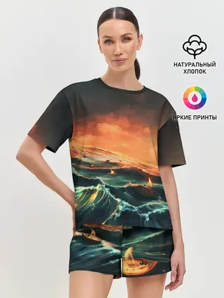 Женская пижама с шортами / Фэнтези море корабли закат