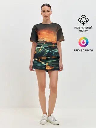 Женская пижама с шортами / Фэнтези море корабли закат