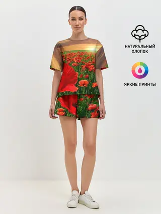 Женская пижама с шортами / Красный мак на закате