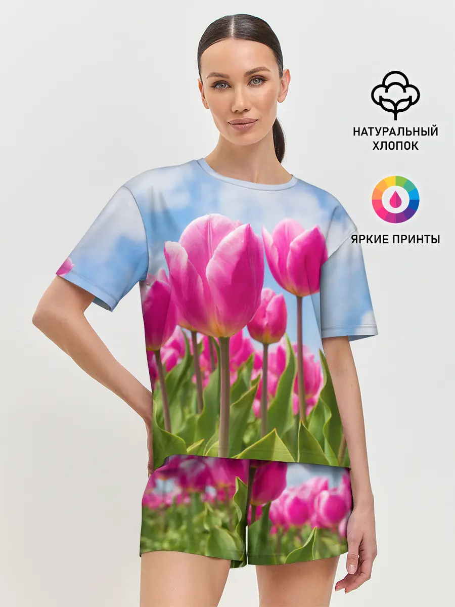 Женская пижама с шортами / Розовые тюльпаны