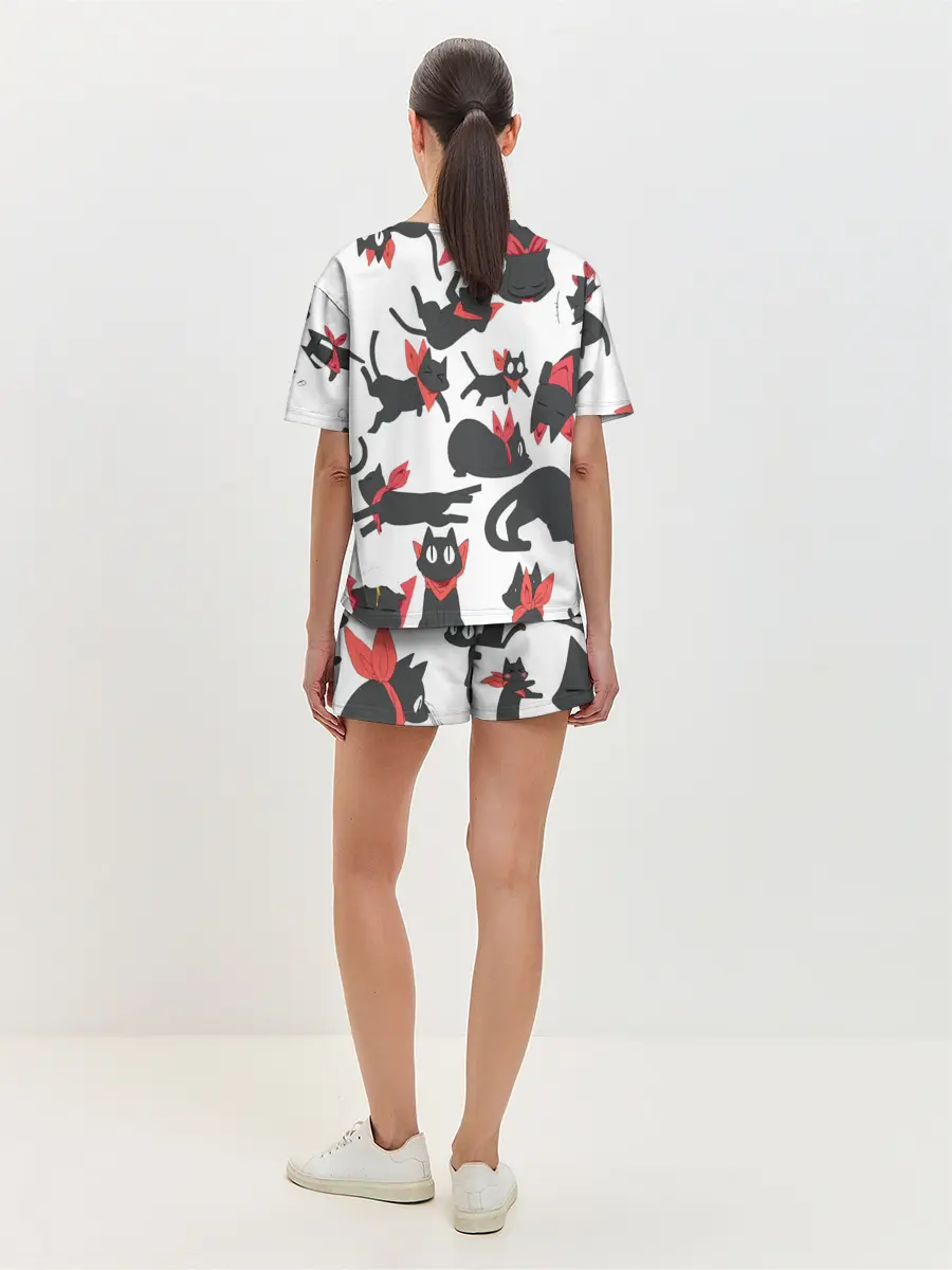 Женская пижама с шортами / Черный котик