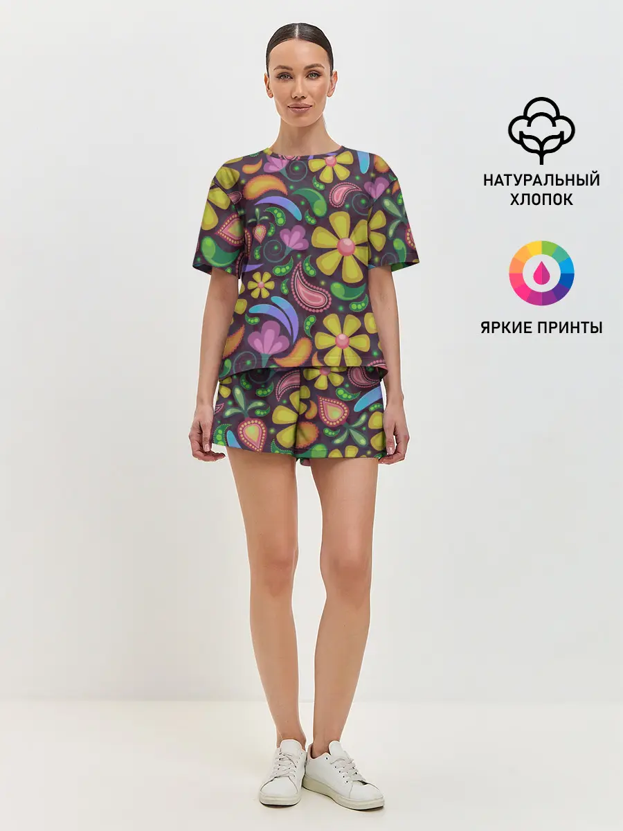 Женская пижама с шортами / летние цветы узор на темном