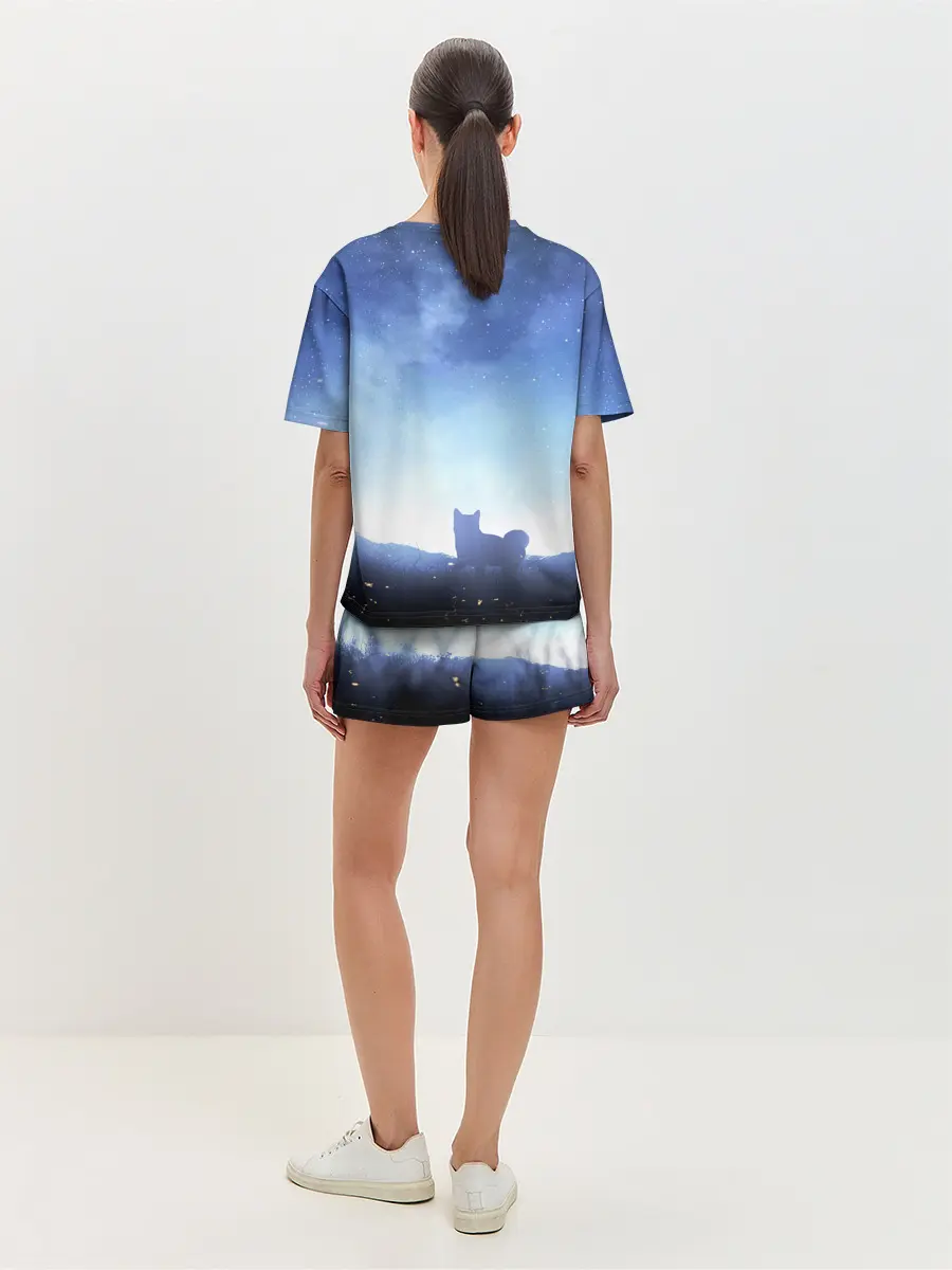 Женская пижама с шортами / силуэт корги ночь космос дымка