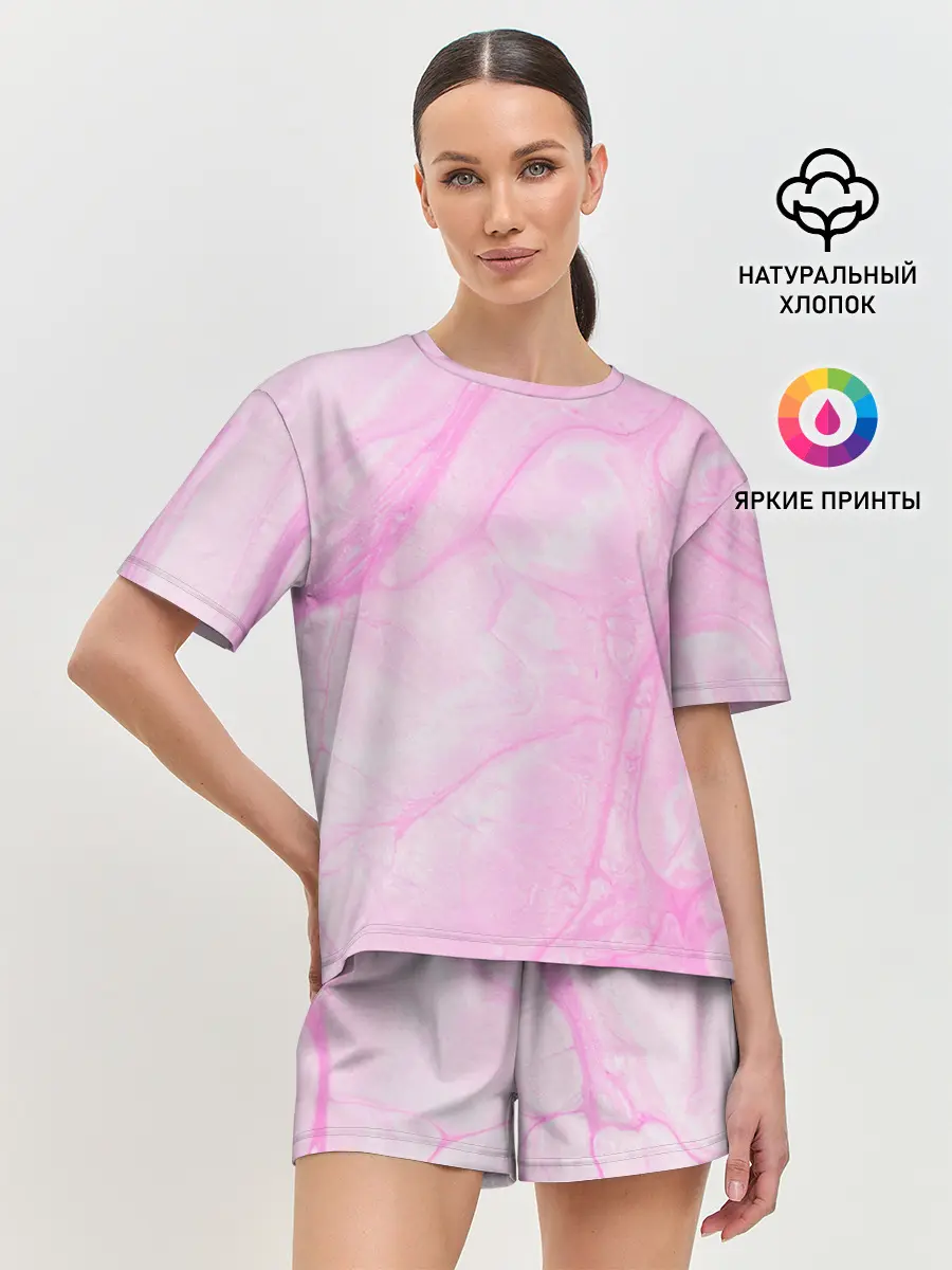 Женская пижама с шортами / розовые разводы краска зефир