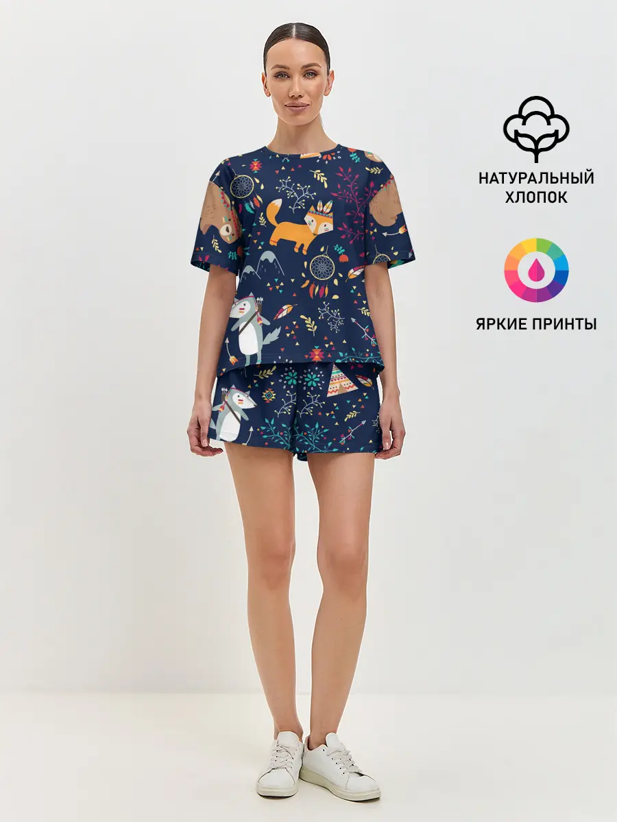 Женская пижама с шортами / Звери природа индейцы этно