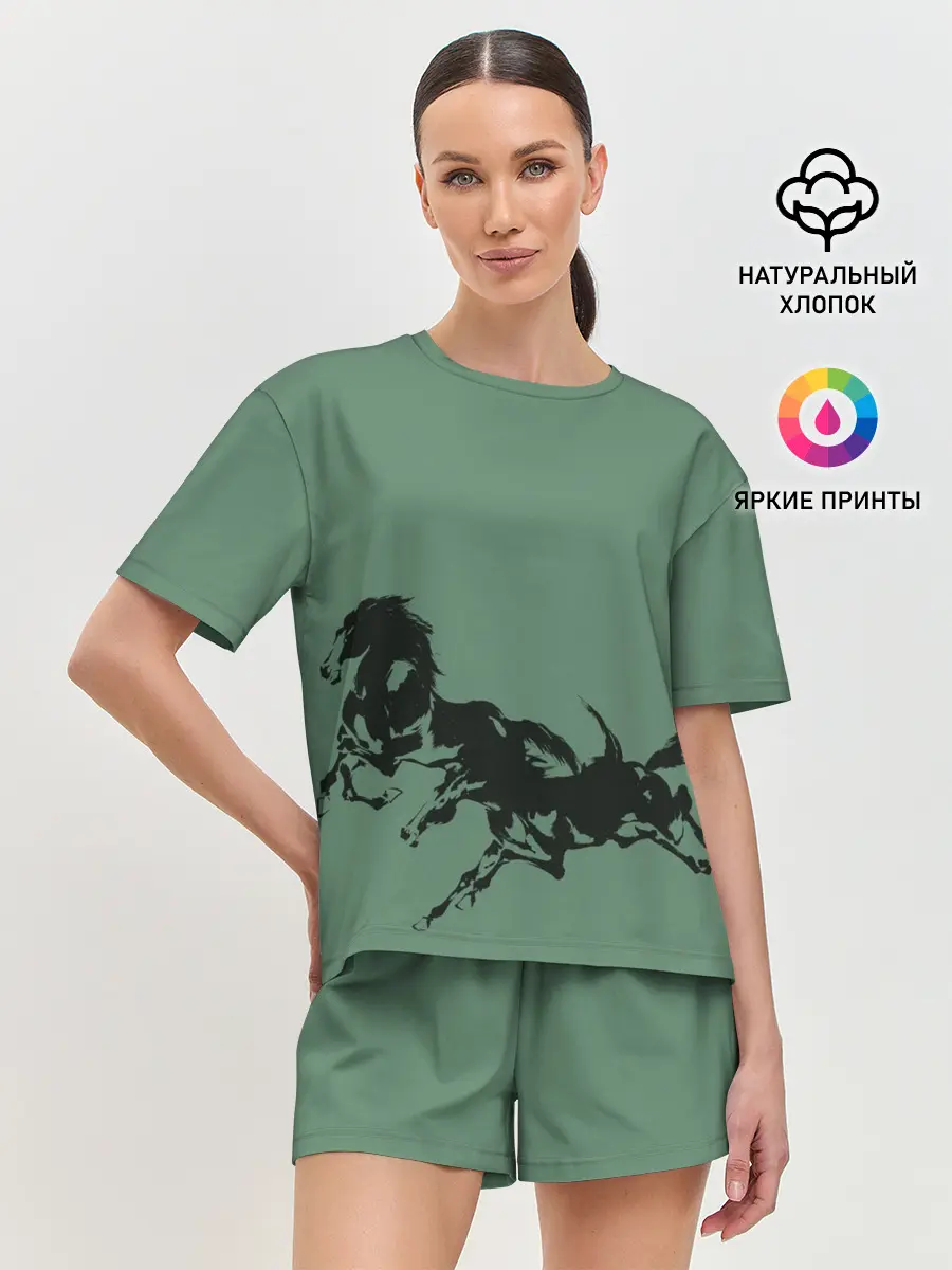 Женская пижама с шортами / черные кони