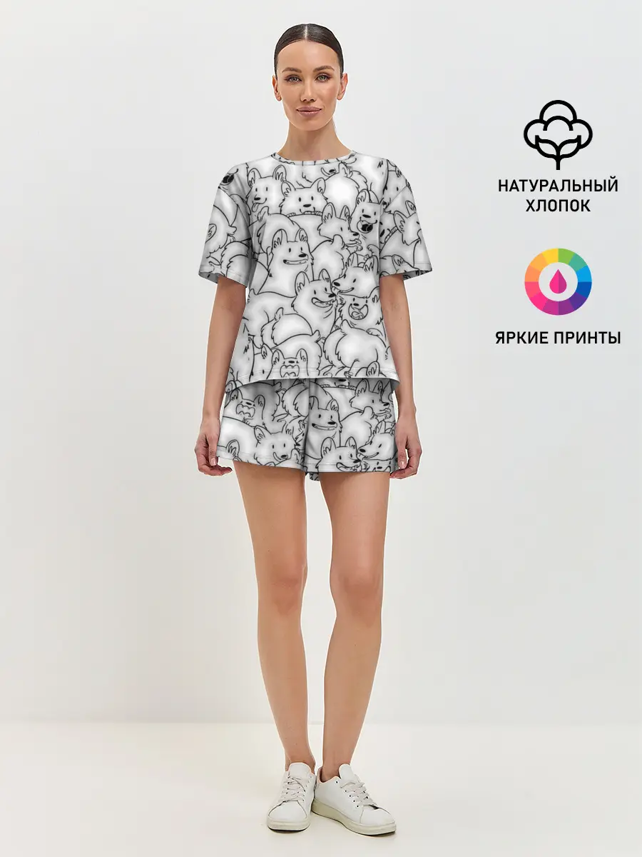 Женская пижама с шортами / Корги ЧБ